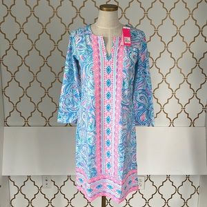 Lilly Pulitzer NWT UPF 50+ Knit Nadine Dress Zanzibar Blue Fish Kiss Print. Sz M